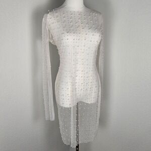 Sheer Pearl Rhinestone Mesh Dress Overlay Topper Long Sleeve Size M Bridal Party